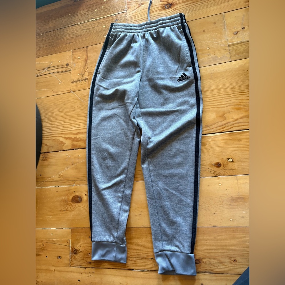 Adidas Kids Gray Joggers with Black Stripes